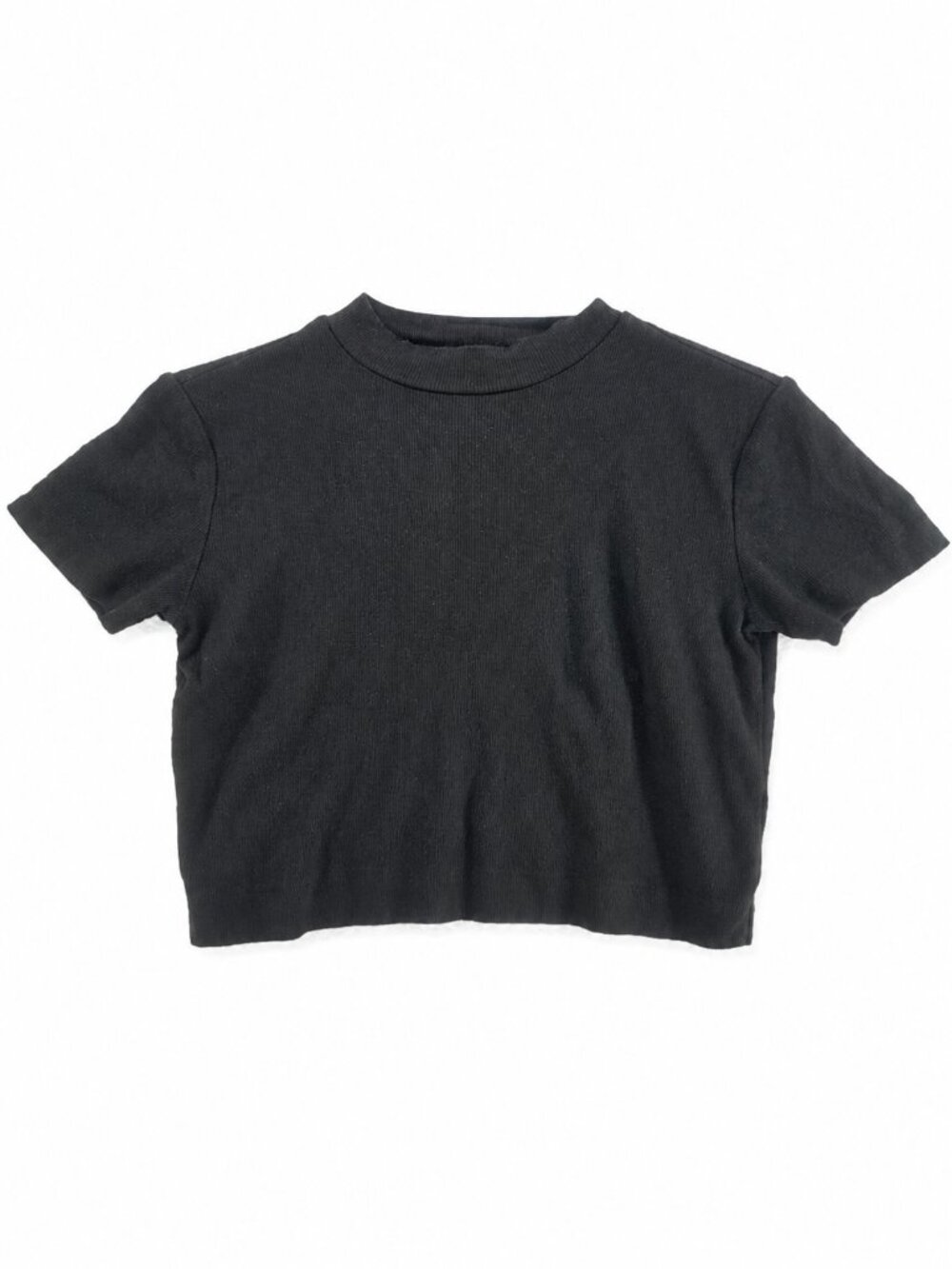 Babaton, Crop Top, Black Ribbed Knit Mock Neck Short Sleeve, Size Small